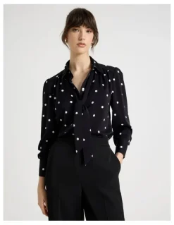 Basque Long Sleeve Georgette Blouse in Black and White Polka Dot Print