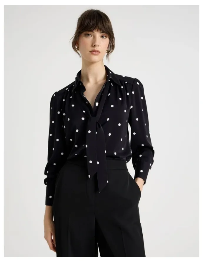 Basque Long Sleeve Georgette Blouse in Black and White Polka Dot Print
