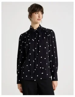 Basque Long Sleeve Georgette Blouse in Black and White Polka Dot Print