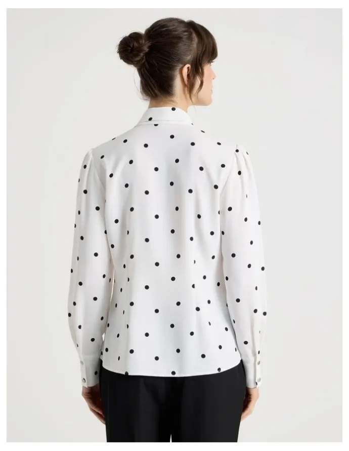 Basque Long Sleeve Georgette Blouse in White and Black Polka Dot Print