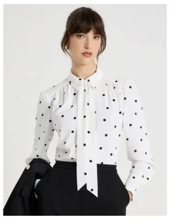 Basque Long Sleeve Georgette Blouse in White and Black Polka Dot Print