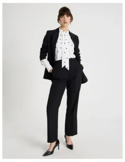 Basque Long Sleeve Georgette Blouse in White and Black Polka Dot Print