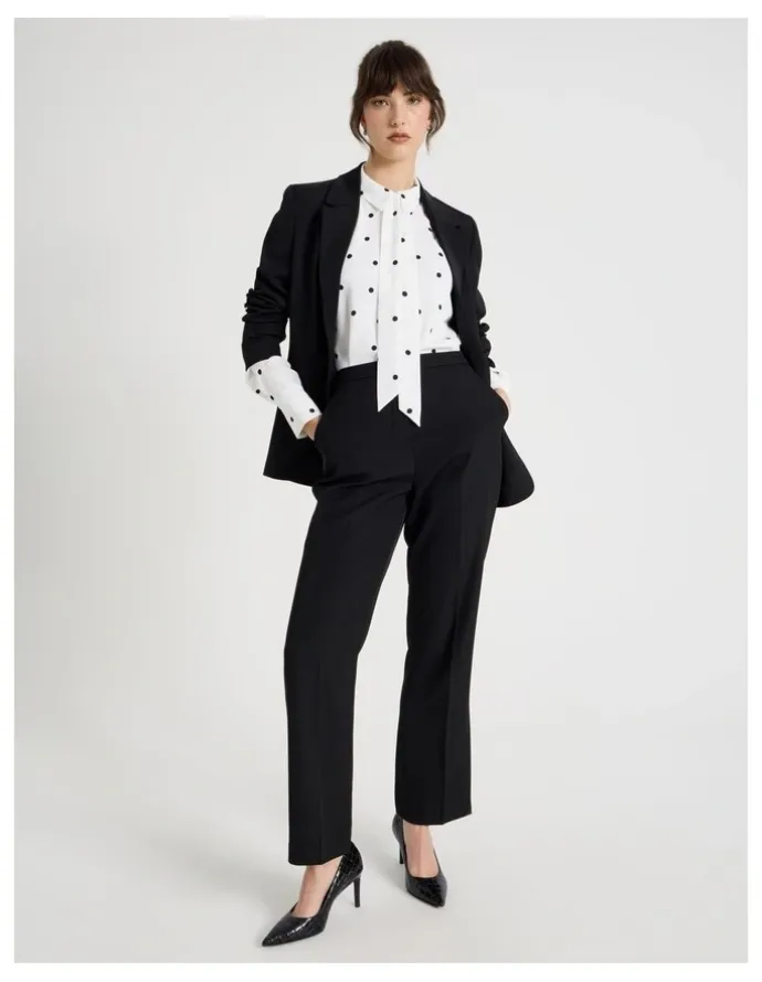 Basque Long Sleeve Georgette Blouse in White and Black Polka Dot Print