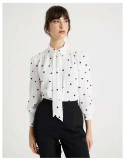 Basque Long Sleeve Georgette Blouse in White and Black Polka Dot Print