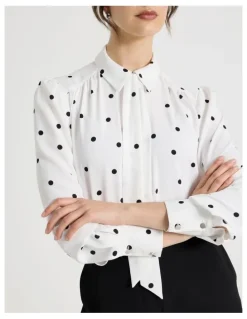 Basque Long Sleeve Georgette Blouse in White and Black Polka Dot Print