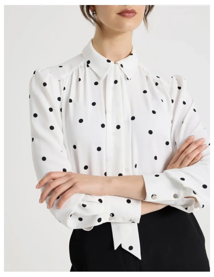 Basque Long Sleeve Georgette Blouse in White and Black Polka Dot Print