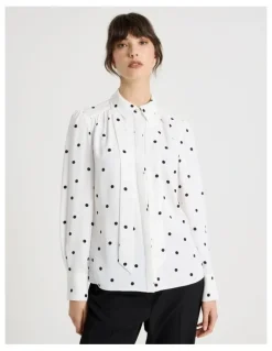 Basque Long Sleeve Georgette Blouse in White and Black Polka Dot Print