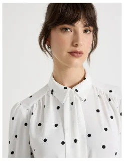 Basque Long Sleeve Georgette Blouse in White and Black Polka Dot Print