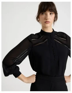 Basque Long Sleeve Lace Trim Blouse in Black