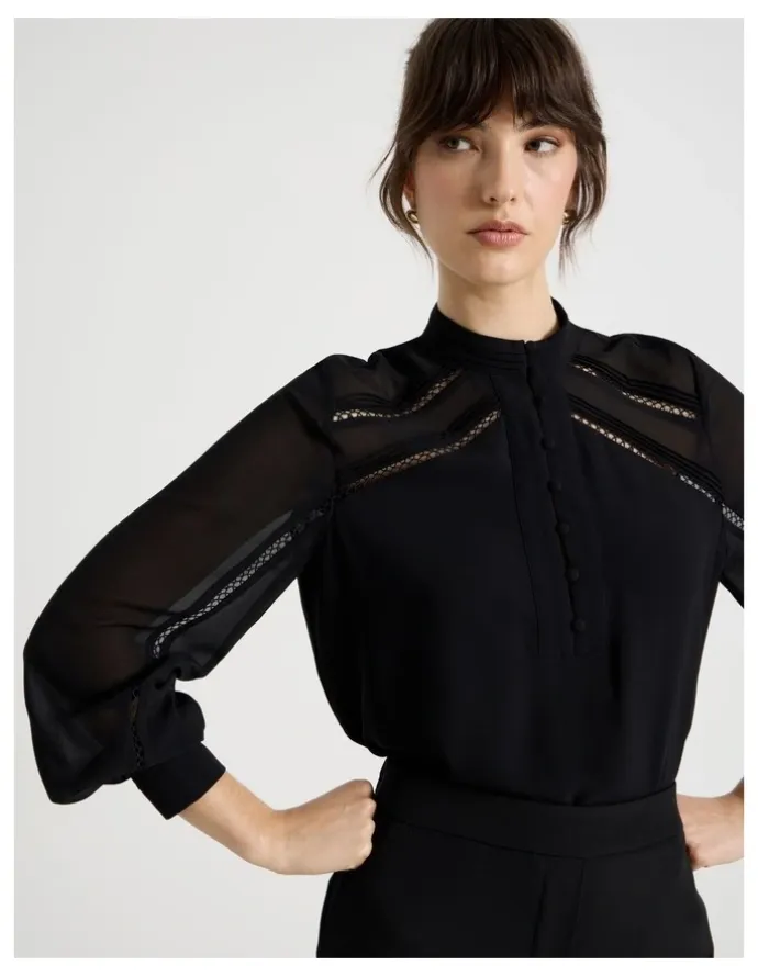 Basque Long Sleeve Lace Trim Blouse in Black