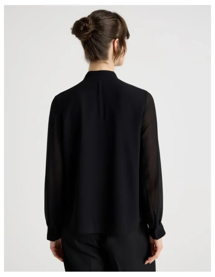 Basque Long Sleeve Lace Trim Blouse in Black