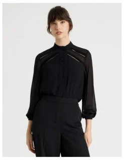 Basque Long Sleeve Lace Trim Blouse in Black