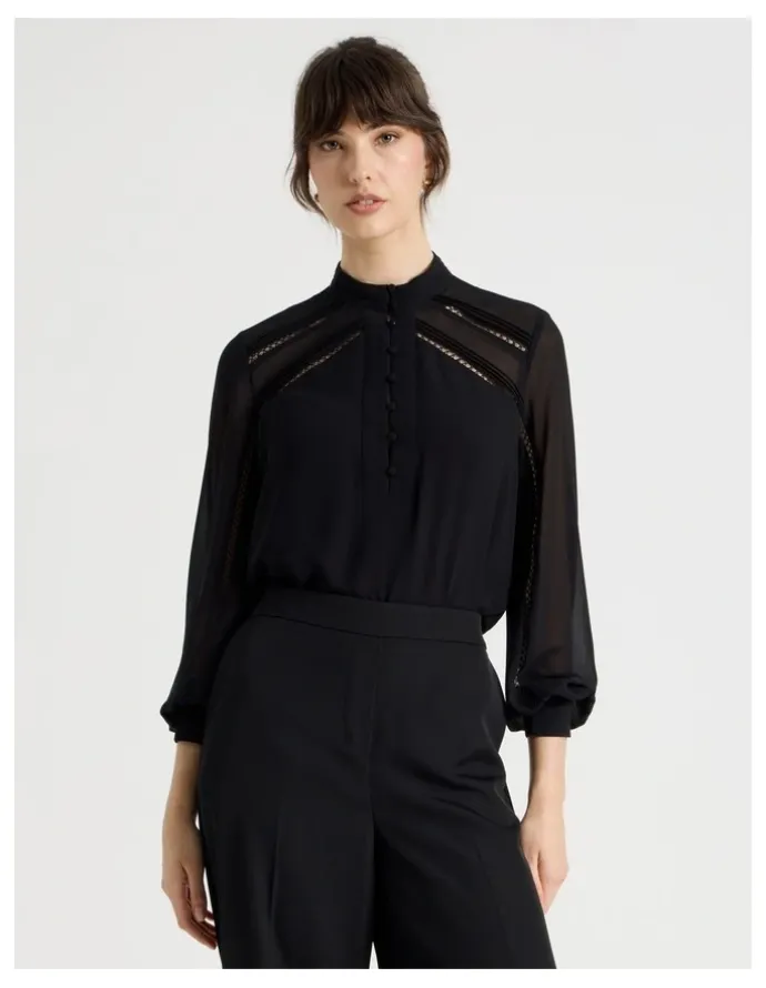 Basque Long Sleeve Lace Trim Blouse in Black