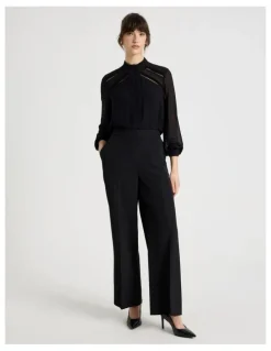 Basque Long Sleeve Lace Trim Blouse in Black