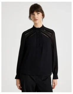 Basque Long Sleeve Lace Trim Blouse in Black