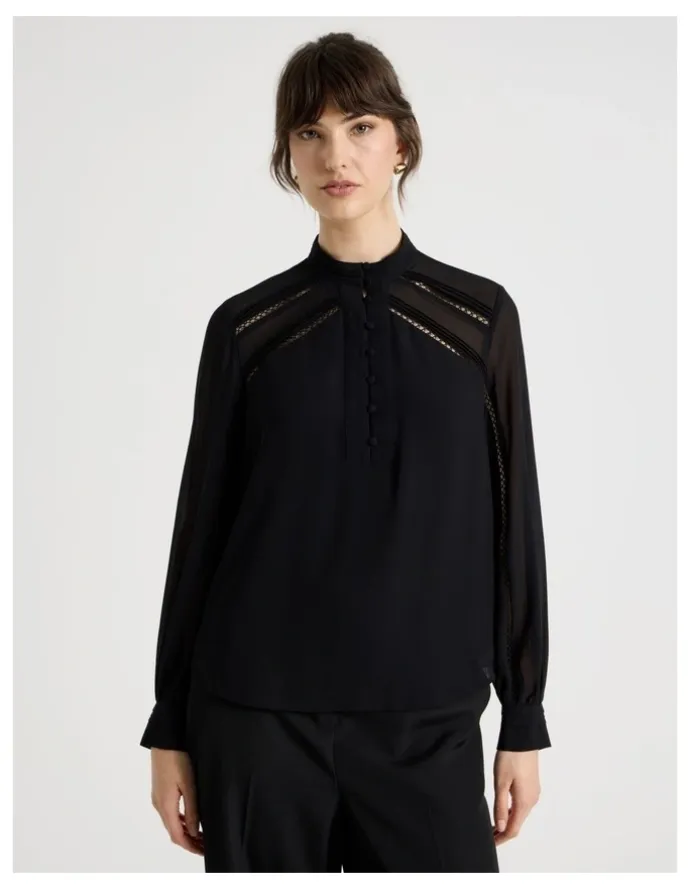 Basque Long Sleeve Lace Trim Blouse in Black