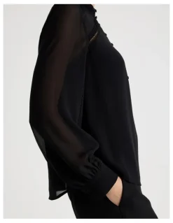 Basque Long Sleeve Lace Trim Blouse in Black