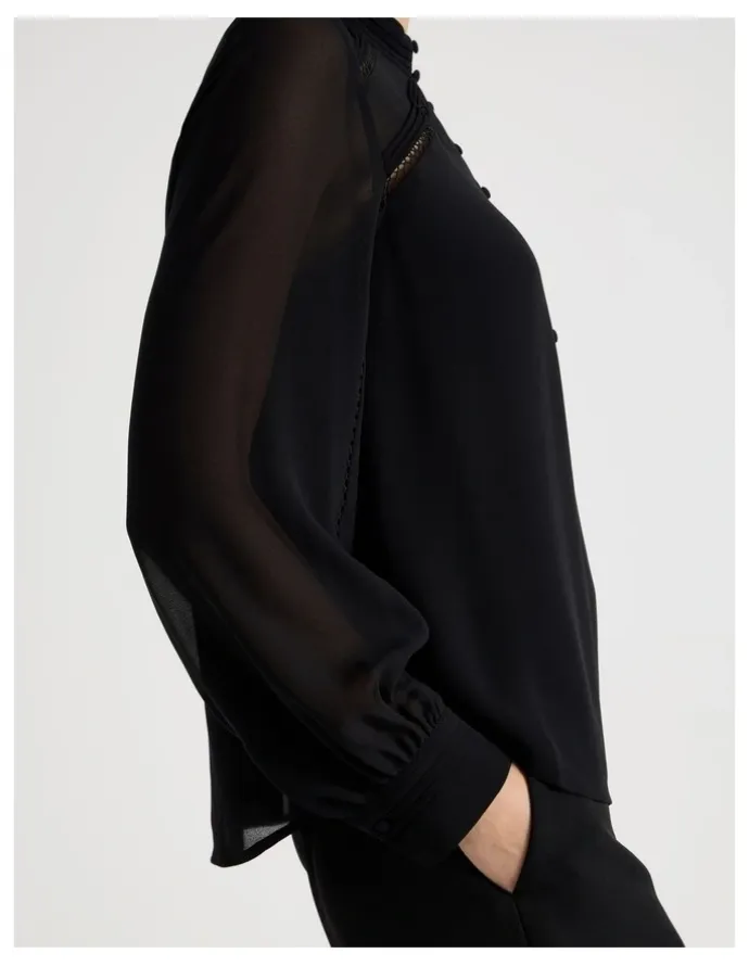 Basque Long Sleeve Lace Trim Blouse in Black