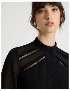 Basque Long Sleeve Lace Trim Blouse in Black