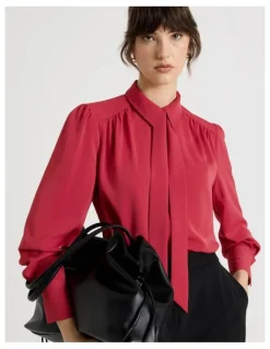 Basque Long Sleeve Tie Blouse in Cardinal