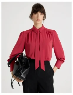 Basque Long Sleeve Tie Blouse in Cardinal