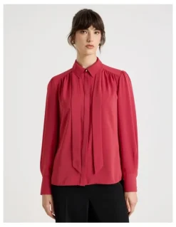 Basque Long Sleeve Tie Blouse in Cardinal