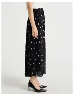 Basque Pleated Midi Skirt in Black and White Polka Dot