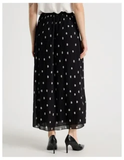 Basque Pleated Midi Skirt in Black and White Polka Dot