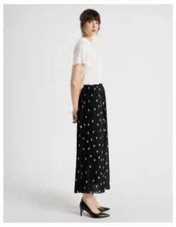 Basque Pleated Midi Skirt in Black and White Polka Dot