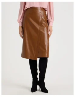 Basque PU Asymmetrical Midi Skirt in Tan