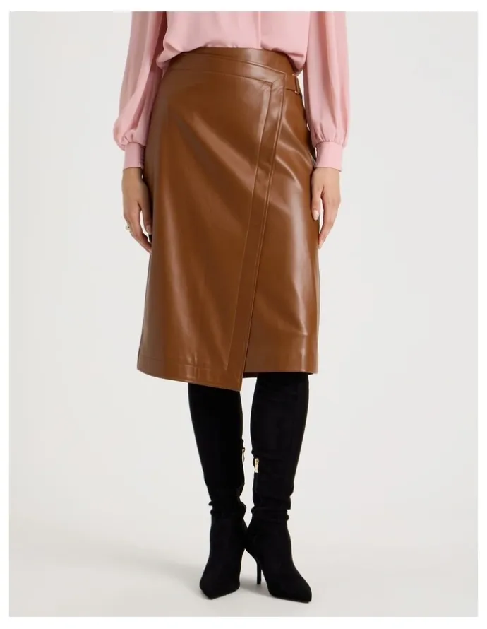 Basque PU Asymmetrical Midi Skirt in Tan