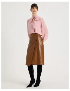 Basque PU Asymmetrical Midi Skirt in Tan
