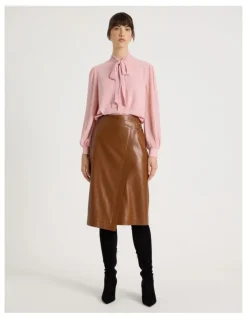 Basque PU Asymmetrical Midi Skirt in Tan