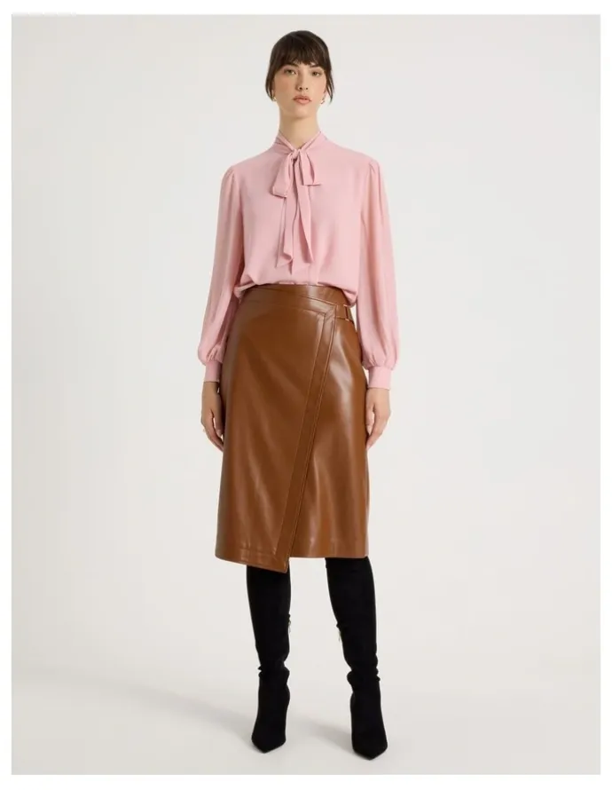 Basque PU Asymmetrical Midi Skirt in Tan
