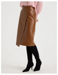 Basque PU Asymmetrical Midi Skirt in Tan
