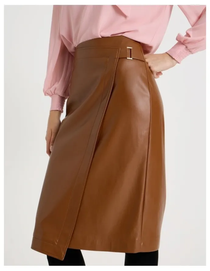 Basque PU Asymmetrical Midi Skirt in Tan