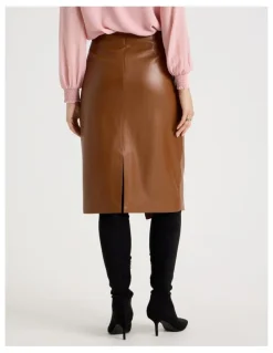Basque PU Asymmetrical Midi Skirt in Tan