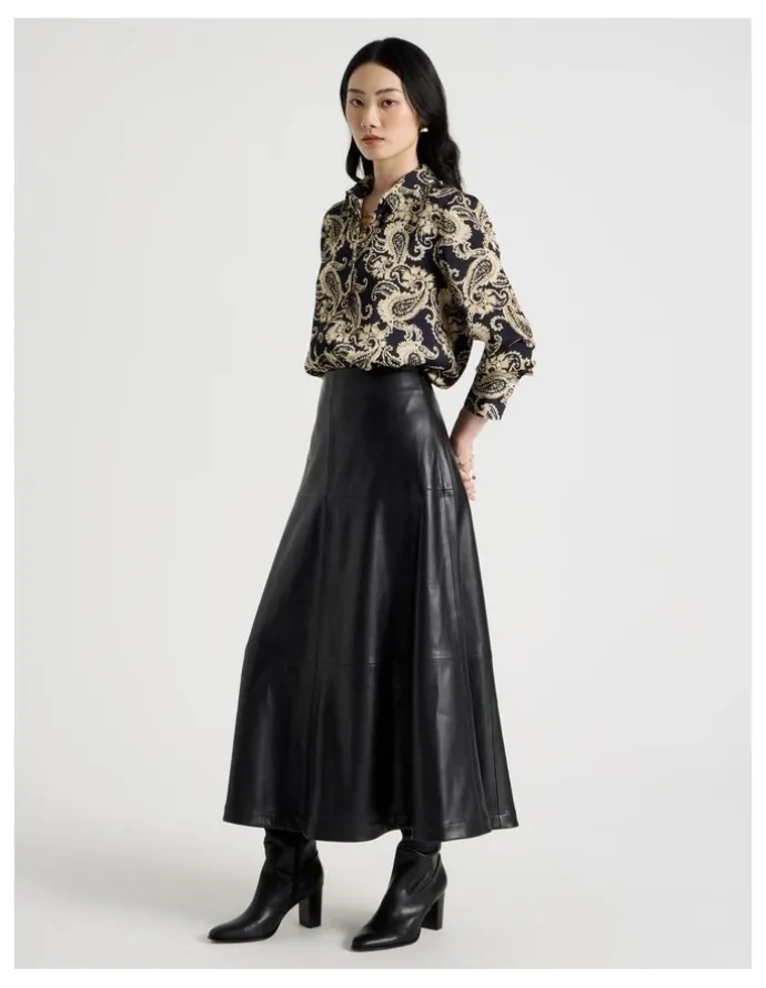 Basque PU Midi Skirt in Black