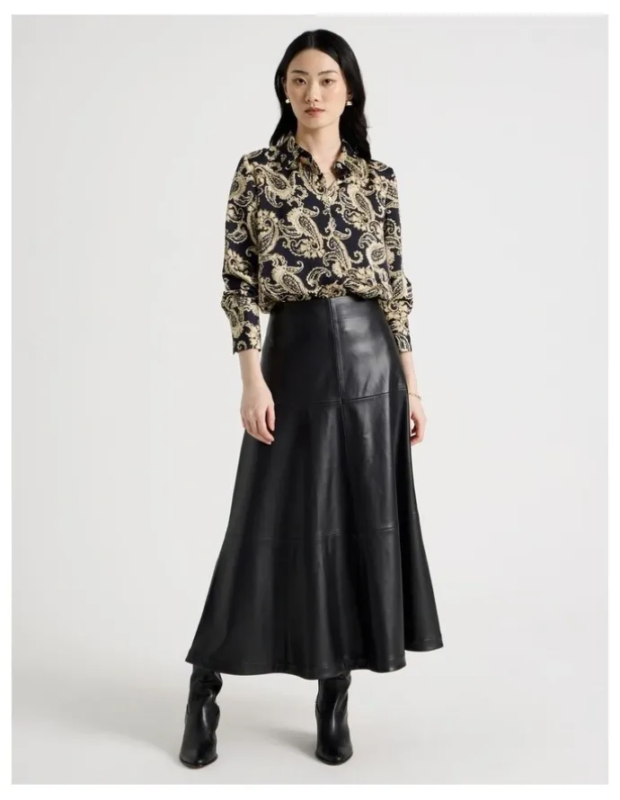 Basque PU Midi Skirt in Black