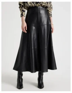 Basque PU Midi Skirt in Black