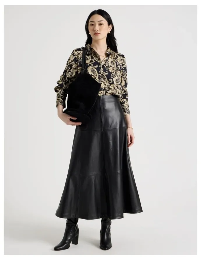 Basque PU Midi Skirt in Black