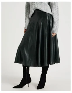 Basque PU Midi Skirt in Forest