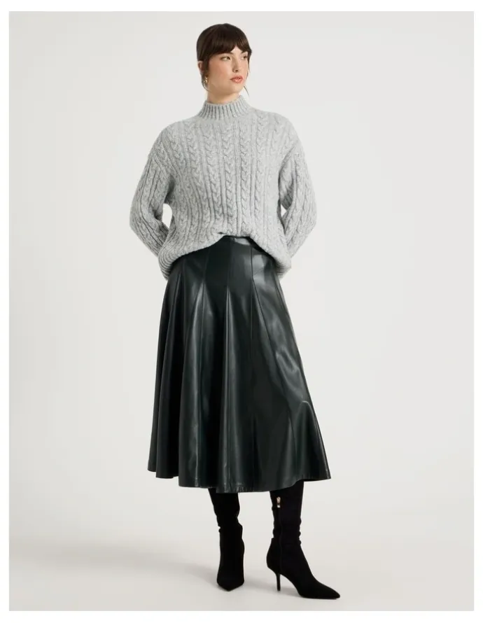 Basque PU Midi Skirt in Forest