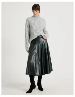 Basque PU Midi Skirt in Forest