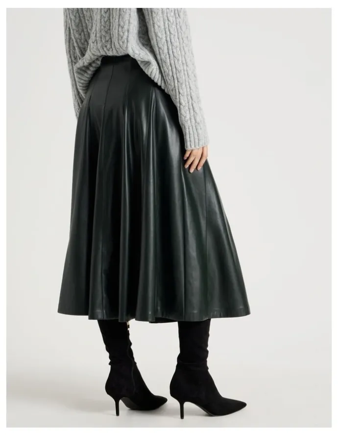 Basque PU Midi Skirt in Forest