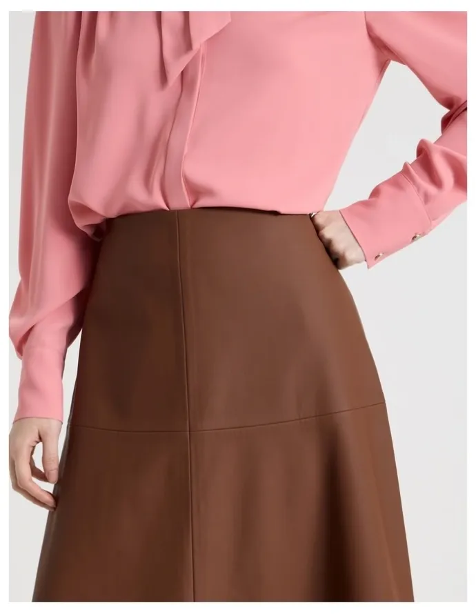 Basque PU Midi Skirt in Tan