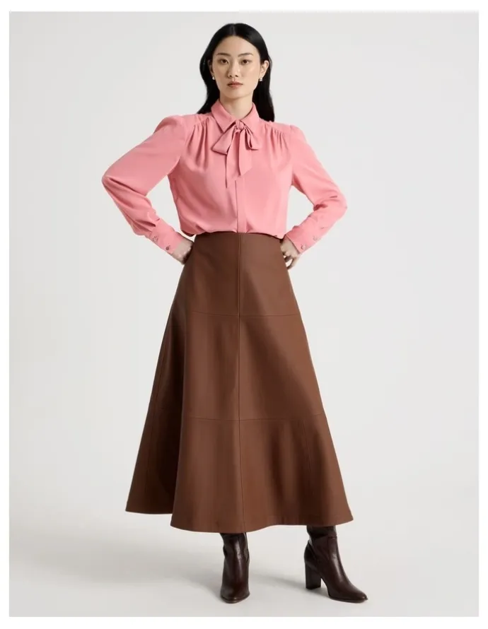 Basque PU Midi Skirt in Tan