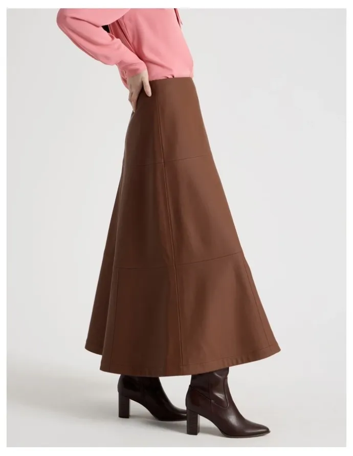 Basque PU Midi Skirt in Tan