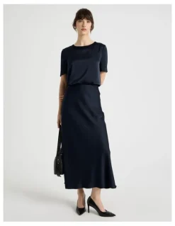 Basque Satin Midi Skirt in Navy