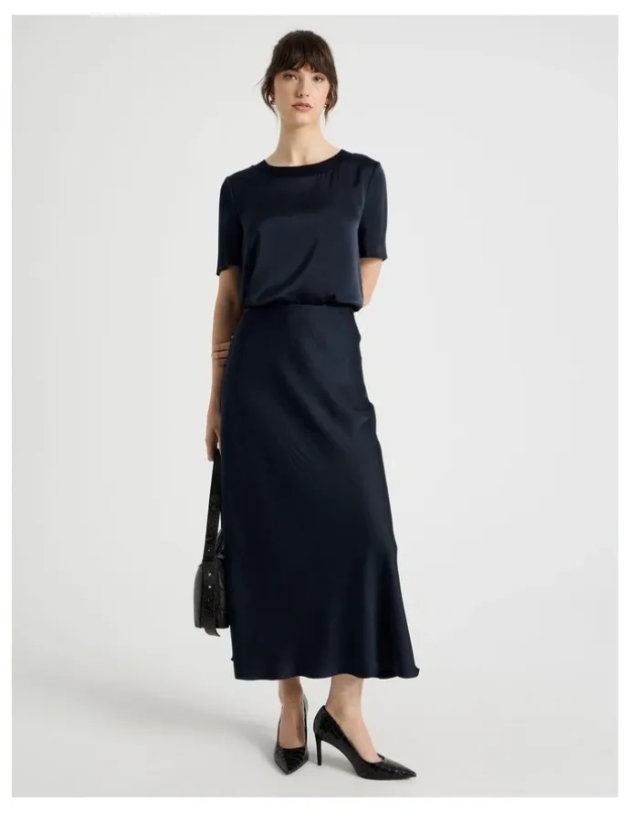 Basque Satin Midi Skirt in Navy